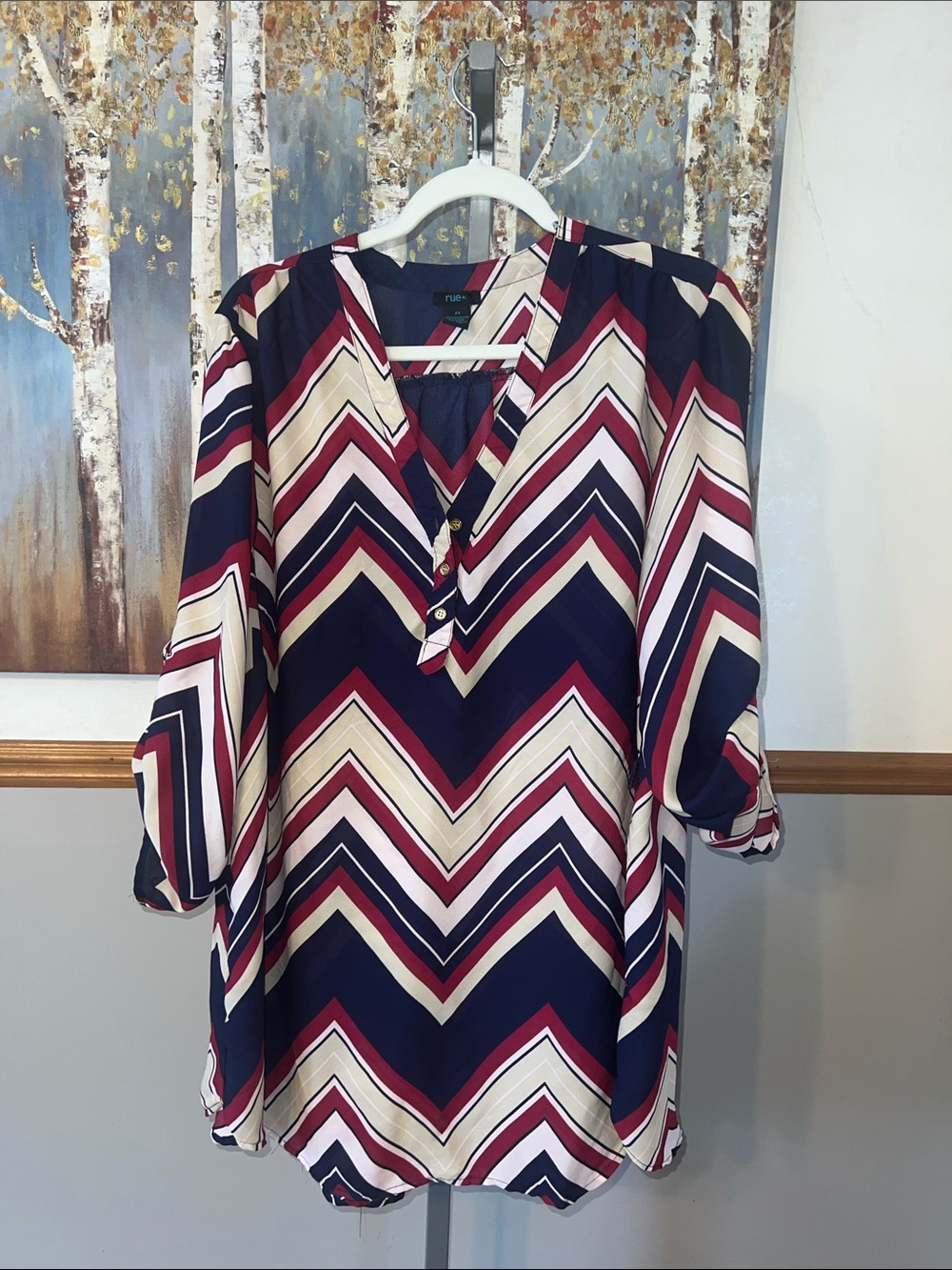 Chevron Print V-Neck Blouse with three buttons- Navy, Burgundy & Cream